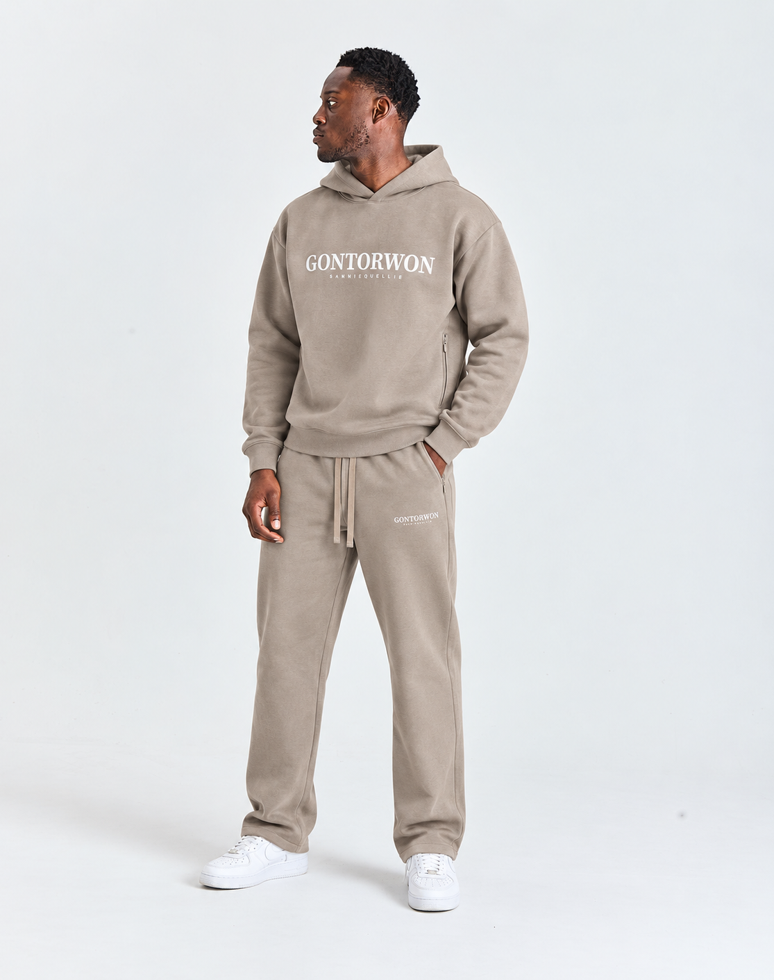 Gontorwon Sanniequellie Utility Zip Hoodie Taupe Grey (White Print) Men