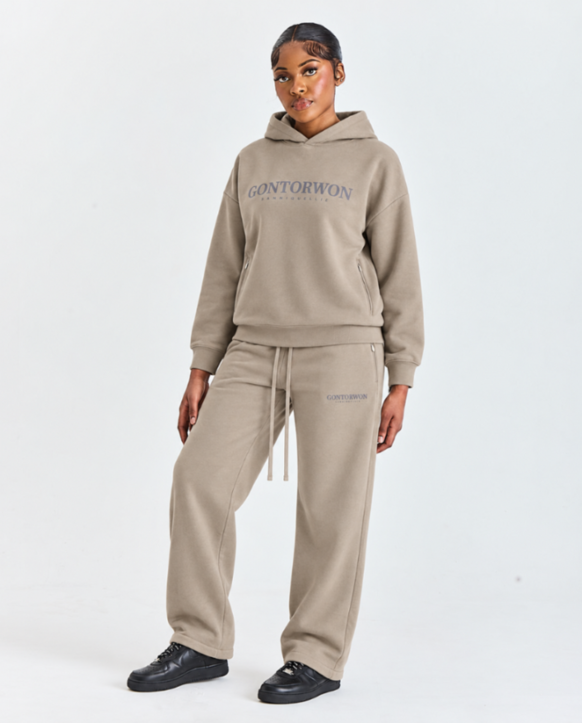 Gontorwon Sanniequellie Utility Zip Hoodie Taupe Grey (Black Print) Women