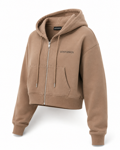 Gontorwon Soft Touch Full Zip Cropped Hoodie Brown
