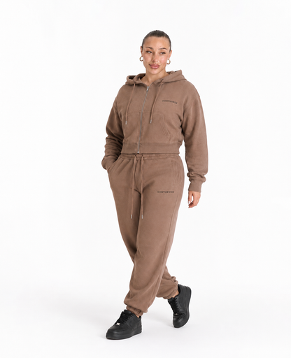 Gontorwon Soft Touch Full Zip Cropped Hoodie Brown