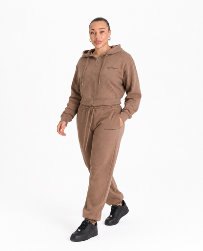 Gontorwon Soft Touch Full Zip Cropped Hoodie Brown