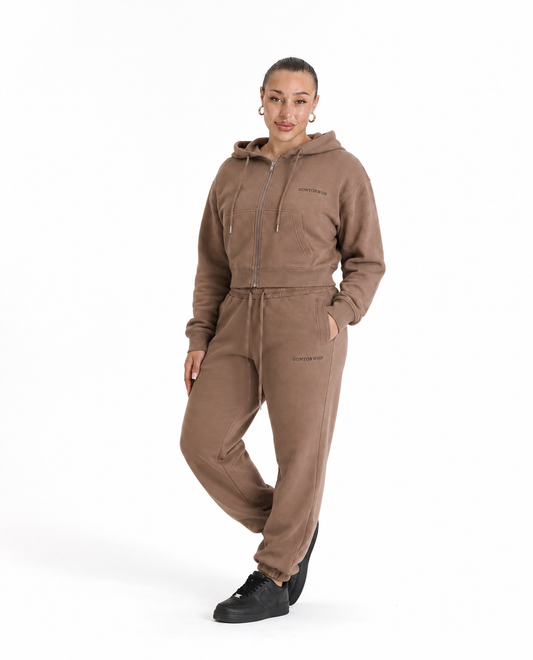 Gontorwon Soft Touch Full Zip Cropped Hoodie Brown
