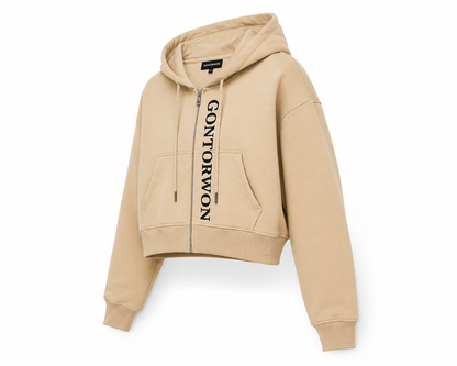 Gontorwon Soft Touch Full Zip Cropped Hoodie Camel