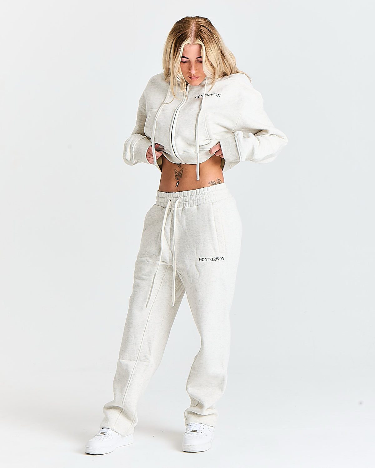 Gontorwon Soft Touch Full Zip Cropped Hoodie Marl Grey
