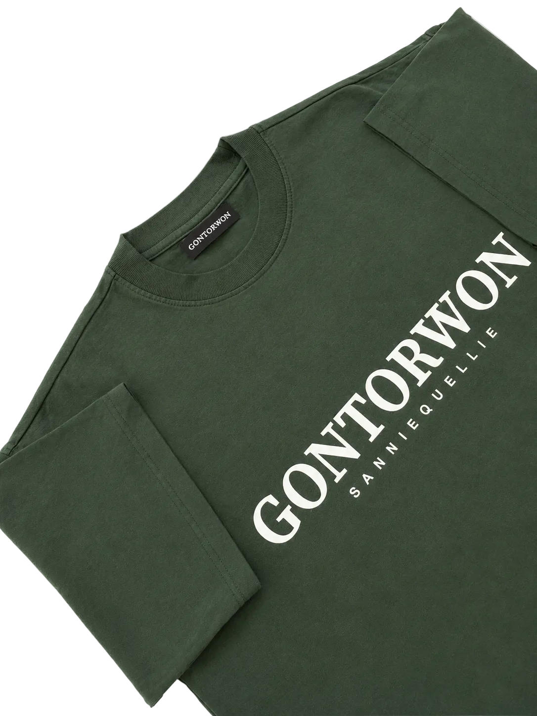 An olive green crewneck t-shirt with 'GONTORWON SANNIEQUELLIE' printed in bold white text across the chest, laid flat on a white background.
