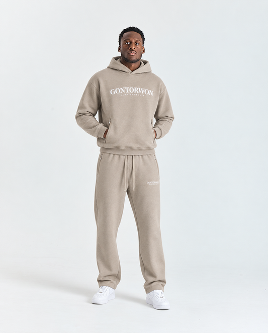 Gontorwon Sanniequellie Utility Zip Hoodie Taupe Grey (White Print) Men